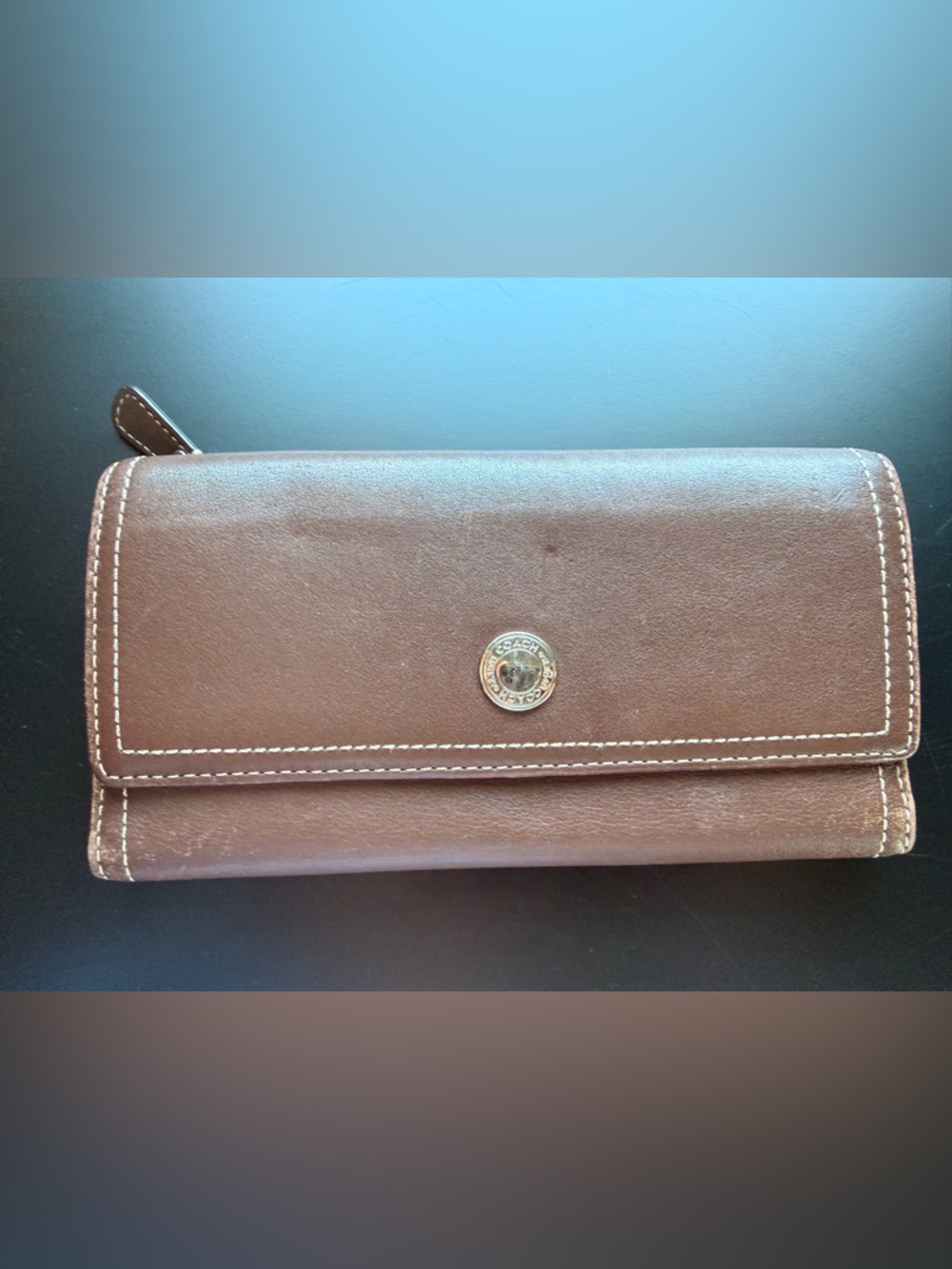 Coach Brown Leather Continental Wallet with White Stitching